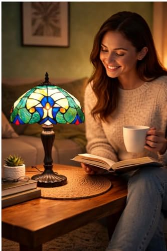 Image of Stained Glass Table Lamp, Multicolor Glass Shade, Bronze Base (Design - 15) Free Bulb- 3 Color Options- Warm White, Cool White and Natural