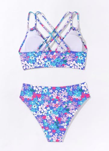 Tainehs Women's Push Up V Neck Bikini Sets Criss Cross Back Two Piece Bathing Suit Pink Flower4