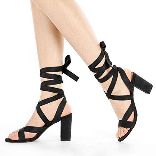 Allegra K Women's Open Toe Lace Up Chunky Heel Sandals (Size US 9) Black