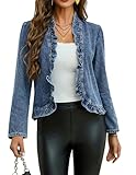 CHARTOU Women Ruffle Peplum Jean Crop Jacket Coat Fall Spring Lightweight Open Front Long Sleeve Outwear(Medium,Blue)