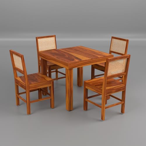 Image of Solid Sheesham Wood 4 Seater Dining Table Set with Chairs for Dining Room | Living Room | Home & Office | Hotels Restaurant & Cafe (4 Seater, Honey Finish)