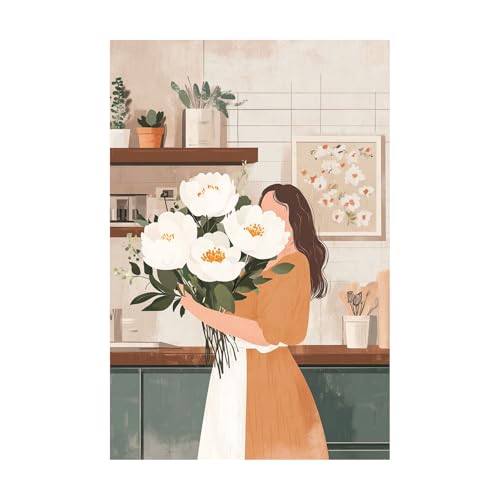 Femme Pivoines Blanches Peinture sur toile vintage pour une ambiance poétique et douce