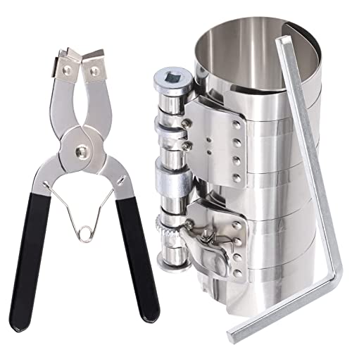 Glarks 3Pcs 6" Piston Ring Compressor Tool Service Set, Car Engine Piston Ring Compressor and Piston Ring Pliers with Adjustable Safety Screws and Wrench for Car Engine, Machine Tractor Pistons