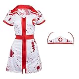 Zombie Krankenschwester-Kostüm für Damen, Halloween-Kostüm – Krankenschwesterkleid mit Hut und blutgebeizten Strümpfen – blutiges Halloween-Kostüm (Größe: S)