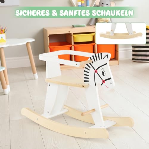 COSTWAY 2 in 1 Zebra Schaukelpferd, Schaukeltier aus Holz mit abnehmbaren Zäunen & Rückenlehne, Schaukelwippe Holzschaukelpferd für Baby ab 3 Jahren, Weiß – Bild 6