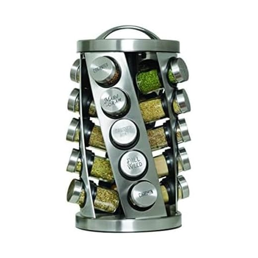 Kamenstein 20 Jar Twist Revolving Countertop Spice Rack Organizer with Spices Included, FREE Spice Refills for 5 years, Brushed Stainless Steel with Black Caps