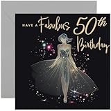 Geburtstagskarte zum 50. Geburtstag für Frauen – 50 Jahre alte fabelhafte Geburtstagskarte für sie – goldene Glitzer-Silhouette-Kleid-Design – glitzernde Geburtstagskarte für Mutter, Großmutter, Tante