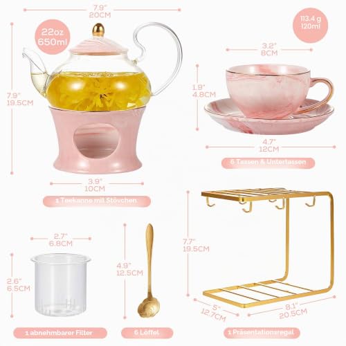 Foto von DUJUST Kleiner Tee-Set für Frauen, Marmor-Textur und Goldene Zierleiste, Rosa Porzellan-Tee-Party-Set für Mädchen, 1 Teaarte (650ml), 6 Tassen (120 ml), 6 Untertassen, 1 Regal & 1 Wärmer