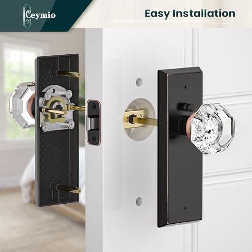 Image of Glass Door Knobs for Interior Doors - Vintage Crystal Privacy Bedroom & Bathroom Door Knob with Lock - Diamond Cut Door Handle - Oil Rubbed Bronze Finish (1 Pack)