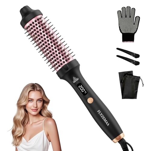 FLYZEMAA Brosse thermique, Thermal Brush 38mm pour des Boucles Naturelles, Brosse Chauffante pour 3 Niveaux de Température, Écran LCD, Double Tension, Prise...