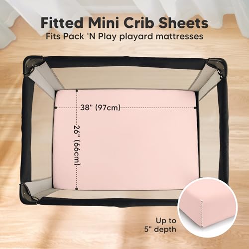 Image of 2 Pack and Play Sheets, Waterproof Mini Crib Sheets Fitted - 38x26 Organic Cotton Pack N Play Sheets for Graco Pack and Play Mattress, Playard Baby Crib Sheets, Neutral for Boy, Girl, Toddler (Cameo)