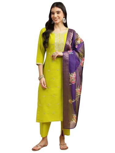 Image of J TURRITOPSIS Women's Embroidered Chinon Kurta and Pant with Dupatta Ethnic Set (414-03-XL Neon)