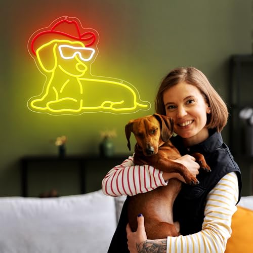 Image of Dachshund Neon Signs for Wall Decor, Dimmable Cute Dog Neon Sign with Cowboy Hat Led Signs for Bedroom Home Party Pet Shop Decor, Birthday Christmas Gifts for Friends Kids Dog Lovers