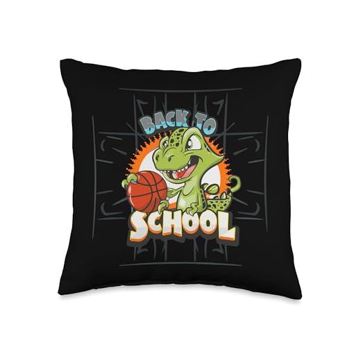 Funny First Day Outfit by xim Basketball Dinosaur Back to School Throw Pillow, 16x16, Multicolor