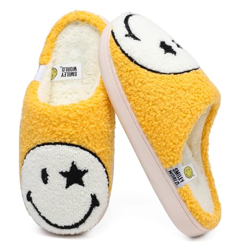 Wpecgoo Chausson Smiley Femme Pantoufles Homme Drole en peluche douce Mousse à mémoire de forme Pantoufles d'intérieur confortables et chauds pour l'hiver