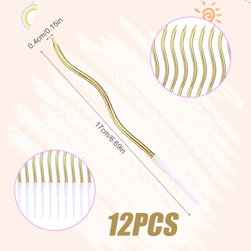 lasuroa 12pcs Spiral Cake Candles, Twist Slim Long Birthday Cake Candles Velas Themed Party Cupcake Sparkler Decoration with Stand for Birthday Wedding Anniversary (Gold)