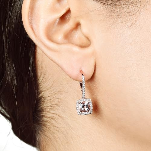 14K Rose Gold Genuine Morganite 6mm Cushion, Diamond Dangle Earrings3