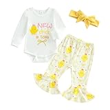 Newborn Baby Girl Easter Outfit New Chick In Town Ribbed Romper Chicks Bow Flare Pants Headband Clothes Set (Yellow, 1-3 Months)