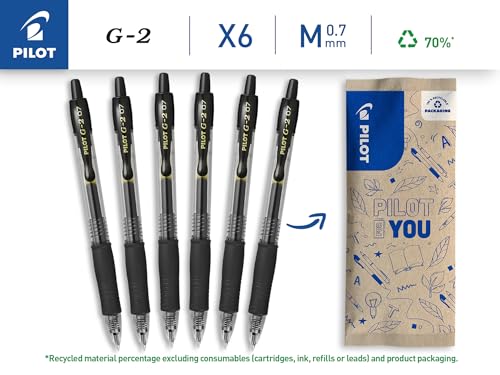 PILOT Lot de 6 G2 Stylos Roller à Encre Gel Rétractables et Rechargeables Excellent Confort d'Écriture Pointe Moyenne - vue 2