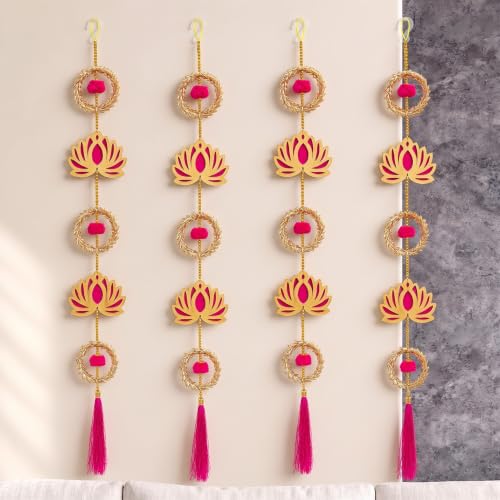 Image of JH Gallery Lotus Wreath Hanging for Ganpati Decoration Items for Home - Handmade Ganesh Chaturthi Backdrop Decoration, Mandir & Balcony Hanging (33 Inch, Pack of 4)