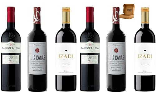 Pack Vinos Rioja - Envio 24h - 2 x Ramón Bilbao Crianza, 2 x Luis Caña Crianza, 2 Izadi Crianza - Vinos Regalo - Caja/Cesta de Navidad de Cosecha Privada (6 x Botella 75 cl, Lote 2.02)