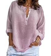 Women's 3/4 Sleeve Cotton Linen Shirt Casual Summer Button V Neck Loose Fit Solid Linen Shirts Tops