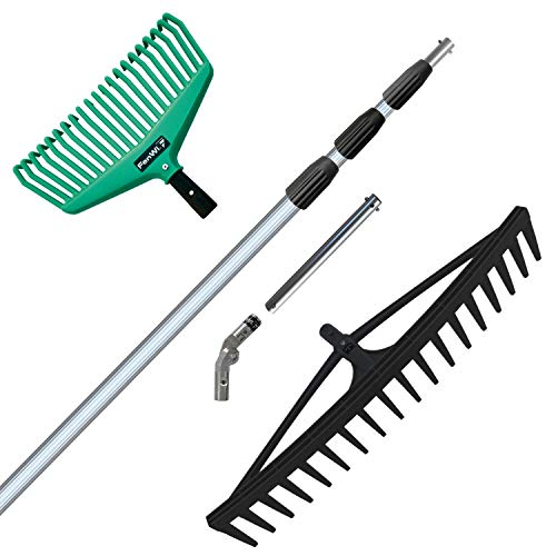 FenWi 6m Teleskop Harken-Set zur Dach Reinigung mit Aluminium Gelenk Laubharke und 6m Alu Teleskopstange ideal als Dachräumer und zur Laubentfernung von Dach Flachdach und Terrassendach