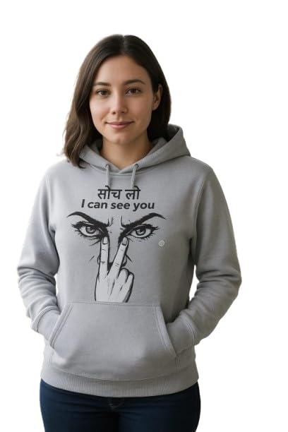 aarudhraa Women's Hoodie, Grey, I Can See You Graphic Print, Hindi Text, Long Sleeve, Pullover Style, Kangaroo Pocket-picture-22