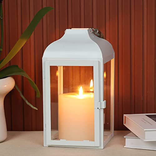 Needomo Candle Lantern Decorative, 10" White Hanging Lanterns With Tempered Clear Glass Outdoor Decor For Patio, Front Porch, Farmhouse, Wedding, Shelf #TOP3