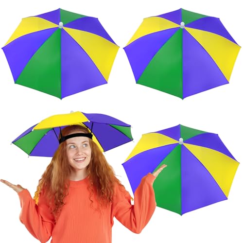 Sanwuta 4 Pack Mardi Gras Umbrella Hat with Elastic Band Purple Green Gold Foldable Colorful Party Umbrella Hat Waterproof Outdoor Sun Protection for Adults Masquerade Costume Carnival Party Supplies