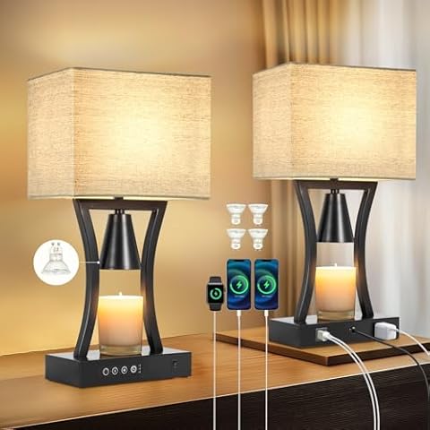 Zlierop 2 Pack Upgraded Table Lamp,Lamps for Night Stands with Candle Warmer Lamp, Modern Bedside Lamps, Multifunctional Lamp with USB Port and Outlet, Table Lamps with Fabric Shade for Bedroom Cover