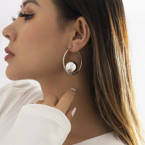 14K Gold Big Ball Drop Hoop Earrings for Women, Statement Silver Circle Large Polished Round Bead Dangle Earring Minimalist Aesthetic Party Jewelry Gift3