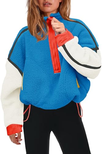 Panadila Womens Half Zip Sherpa Fleece Pullover Soft Oversized Sweatshirt with Pockets Warm Fuzzy Sweater