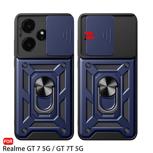 Image of TheGiftKart Tough Armor Bumper Back Cover Case for Realme GT 7 5G / GT 7T 5G / GT 7 Dream Edition | Sliding Camera Cover, Kickstand & Ring Holder | 360 Protection Back Cover Case (PC & TPU, Blue)