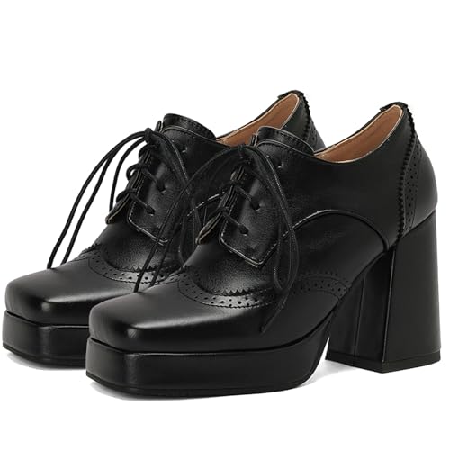 KysBloes Women Platform Oxford Shoes Chunky High Heel Pumps Vintage Wingtip Oxford Shoes Square Toe Lace Up Booties