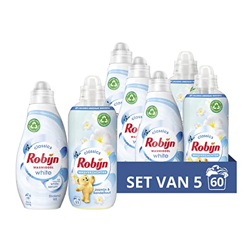 Robijn Perfect Match Stralend Wit en Jasmijn & Sandelhout Wasmiddel en Wasverzachter Pakket, voor alle lichte en witte was - 5 stuks - Voordeelverpakking
