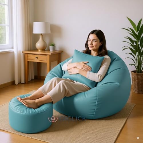Image of 4XL Bean Bag Cover with Foot Stool & Cushion Cover | Premium PVC Leatherette | Double Stitched | 6 Months Warranty (Beans Required) Color- (Aqua)