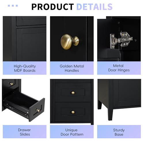 Image of 36 inch Bathroom Vanities with Top Set, Cabinet with Right-Side Multi-Functional Tip-Out Drawer and Adjustable Shelf, Soft-Closing Door, Solid Wood Legs, Black