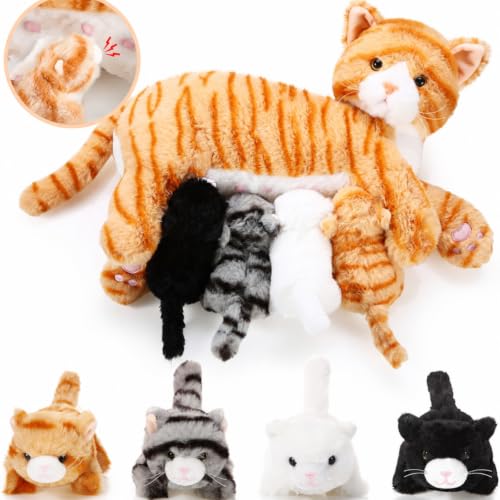 Skylety Pflegendes Katze Stofftier Mit Plüsch Kätzchen Kuscheltier Plushie Kätzchen Mama Katze Plueschtier mit 4 Baby Kuschelkatze für Geburtstag Spielzeug(Süßer Stil)
