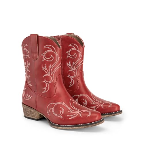 DREAM PAIRS Women's Cowboy Cowgirl Western Boots Embroidered Stitched Ankle Boots Square Toe Chunky Heel Fashion Short Booties with Zipper,Size 8,Red,DWUMAB2511