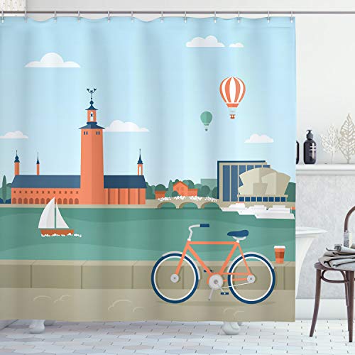 Preisvergleich Produktbild ABAKUHAUS Stadt Duschvorhang, Stockholm Schweden Fahrrad, Stoffliches Gewebe Badezimmerdekorationsset mit Haken, 175 x 180 cm, Grün Lachs