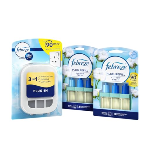 Febreze 3Volution Plug In Air Freshener Starter Kit 1 PLUG Device + 2 REFILLS bundle, COTTON FRESH Scent, Odour Eliminator & Electric Diffuser, Continuous Home Fragrance, Long Lasting Scent