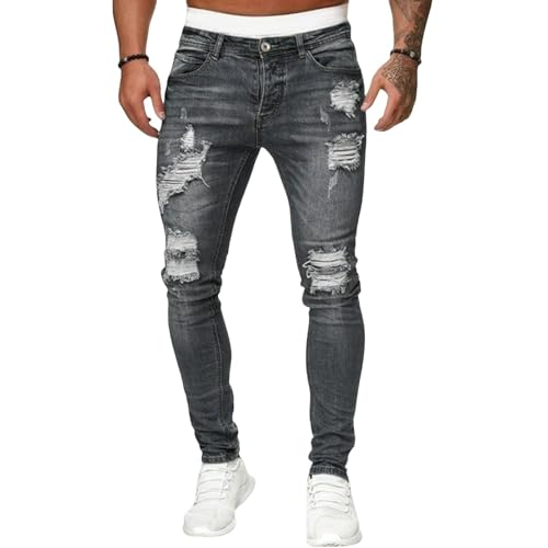 Pants Jeans Denim Trousers Street Trendy Piercing Wear Hole Stretch Tight Washed Blue Mid Waist for Men4