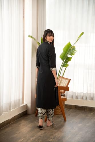 Image of Yashika Women's 3 /4 Sleeve Solid Black Color Kurti Pant Set, Cotton Blend, Knee Length, Stylish Ethnic Outfit for Daily Wear, Office, and Casual Occasions