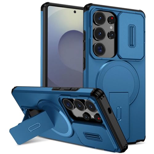 Coque Samsung S26 bleu givré avec protection objectif coulissant et support