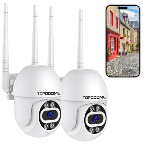 Topodome 1080P Telecamera Wi-Fi Esterno Kit da 2, Rilevazione Umana, Videocamera Sorveglianza Interno WiFi, PTZ 360 Gradi Auto Tacking, Visione Notturna Infrarossa e Color 20m, Audio Bidirezionale