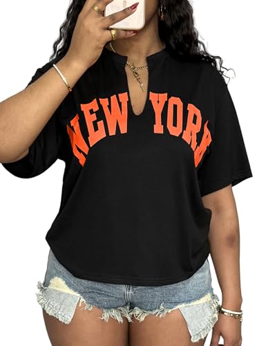 LovelyWholesale Womens Graphic Tees Oversized Short Sleeve Summer V Neck New York T Shirts Black Small