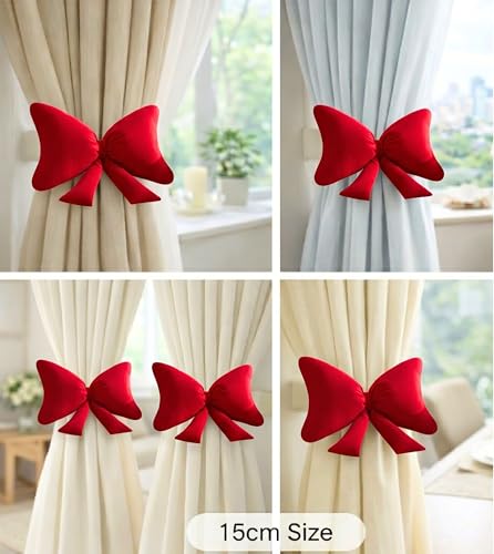 Image of Tickles 2 Pcs Bow Shape Soft Plush Toy Curtain Tiebacks Holder Clip for Children Living Room Decoration Accessories Window Curtain Decoration (Size: 15 cm Color: Red)