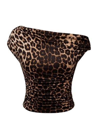 Floerns Women's Y2K Leopard Asymmetrical Neck T Shirt Sleeveless Cheetah Ruched Tee Shirts