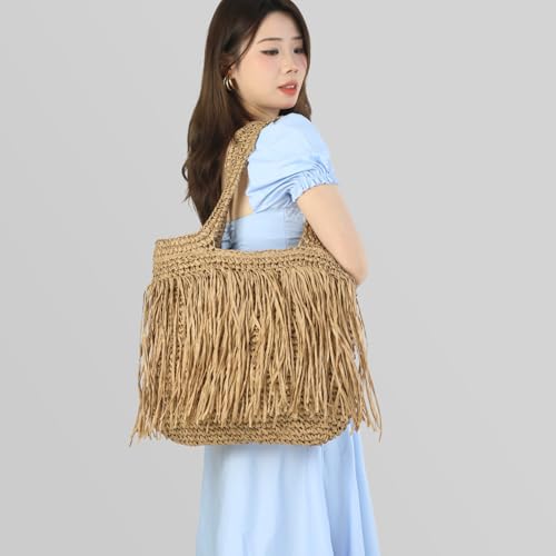 Bolso Tote playero de paja con flecos color marrón miniatura 2
